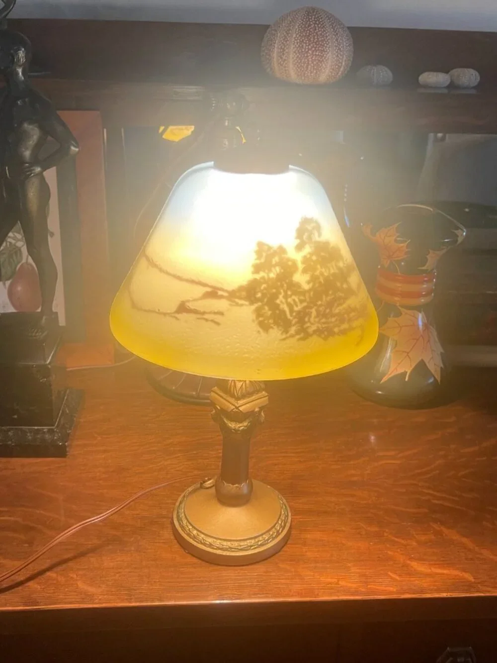 Art Deco Reverse Painted Shade Original Gold Leaf Base Boudoir Lamp - As Is